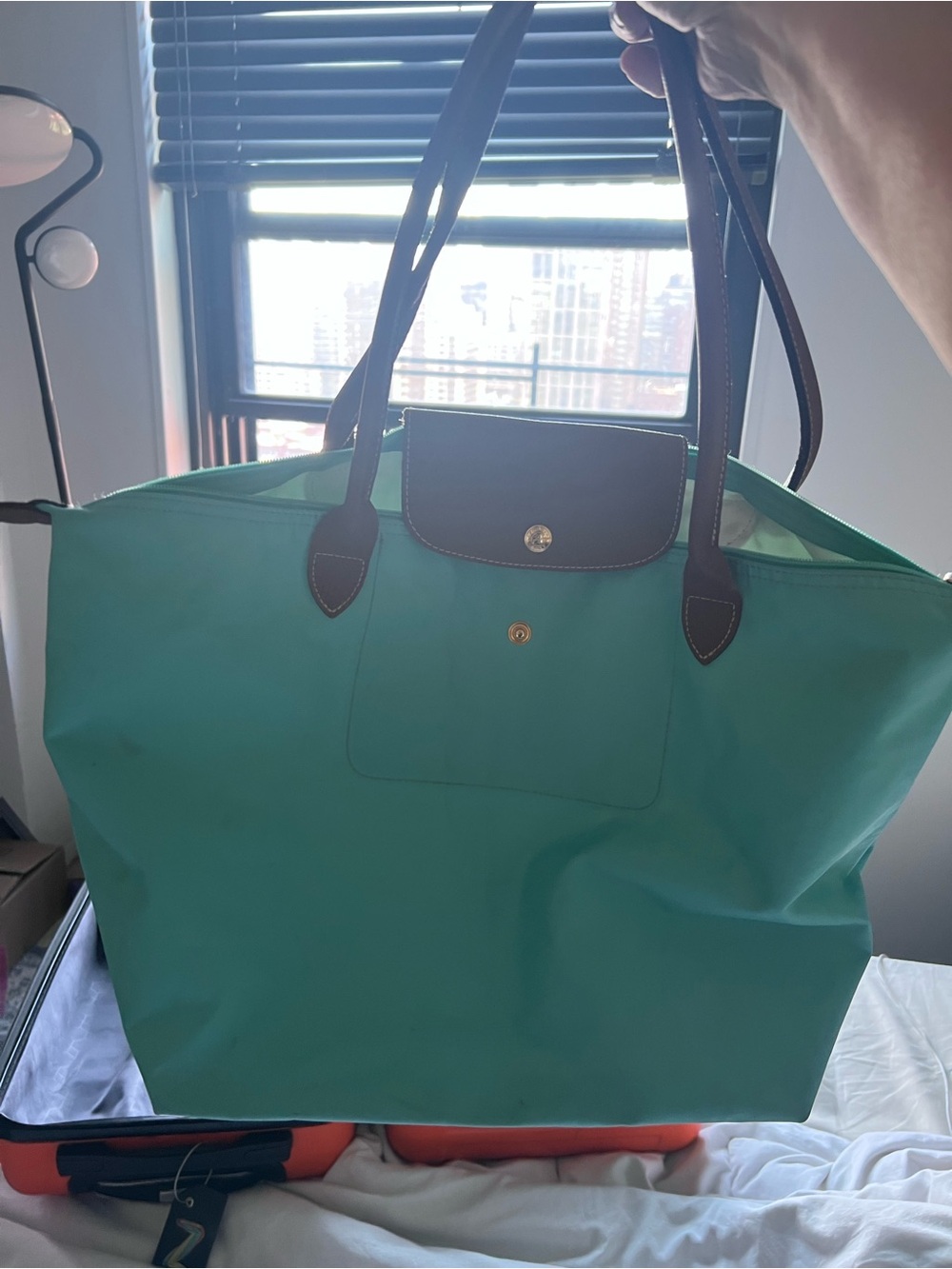 Longchamp Le Pliage Large Tote in Teal with Brown Trim